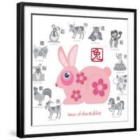 Chinese New Year Rabbit Color with Twelve Zodiacs Illustration-jpldesigns-Framed Art Print