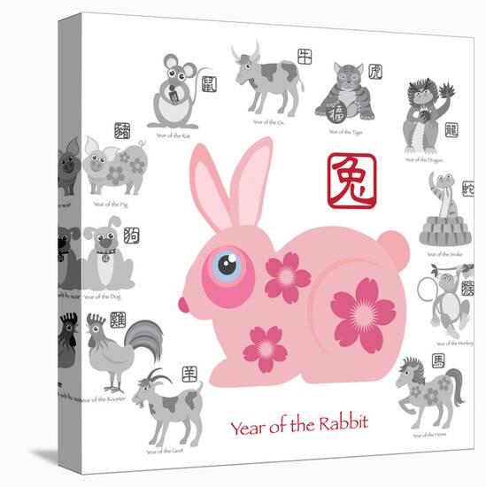 Chinese New Year Rabbit Color with Twelve Zodiacs Illustration-jpldesigns-Stretched Canvas