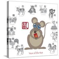 Chinese New Year Rat Color with Twelve Zodiacs Illustration-jpldesigns-Stretched Canvas