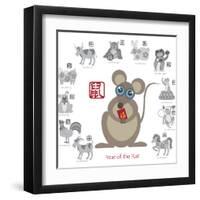 Chinese New Year Rat Color with Twelve Zodiacs Illustration-jpldesigns-Framed Art Print