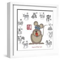 Chinese New Year Rat Color with Twelve Zodiacs Illustration-jpldesigns-Framed Art Print