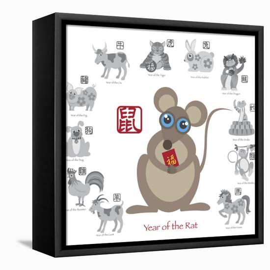 Chinese New Year Rat Color with Twelve Zodiacs Illustration-jpldesigns-Framed Stretched Canvas