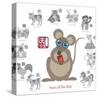 Chinese New Year Rat Color with Twelve Zodiacs Illustration-jpldesigns-Stretched Canvas