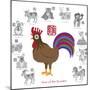 Chinese New Year Rooster Color with Twelve Zodiacs Illustration-jpldesigns-Mounted Premium Giclee Print