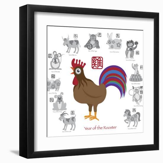 Chinese New Year Rooster Color with Twelve Zodiacs Illustration-jpldesigns-Framed Art Print