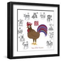 Chinese New Year Rooster Color with Twelve Zodiacs Illustration-jpldesigns-Framed Art Print