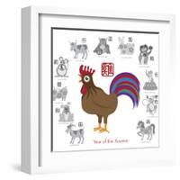 Chinese New Year Rooster Color with Twelve Zodiacs Illustration-jpldesigns-Framed Art Print