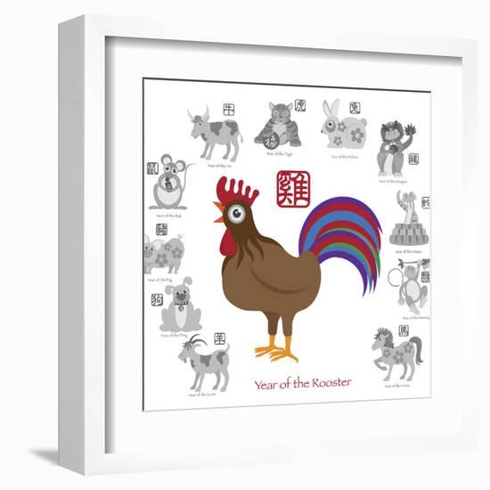 Chinese New Year Rooster Color with Twelve Zodiacs Illustration-jpldesigns-Framed Art Print