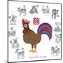Chinese New Year Rooster Color with Twelve Zodiacs Illustration-jpldesigns-Mounted Art Print