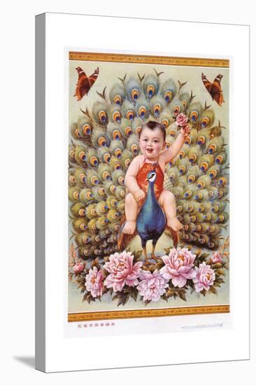 Chinese New Year's Poster with Baby Boy Riding Peacock-null-Stretched Canvas