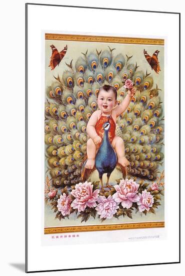 Chinese New Year's Poster with Baby Boy Riding Peacock-null-Mounted Giclee Print