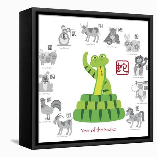 Chinese New Year Snake Color with Twelve Zodiacs Illustration-jpldesigns-Framed Stretched Canvas