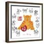 Chinese New Year Tiger Color with Twelve Zodiacs Illustration-jpldesigns-Framed Premium Giclee Print