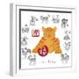 Chinese New Year Tiger Color with Twelve Zodiacs Illustration-jpldesigns-Framed Premium Giclee Print