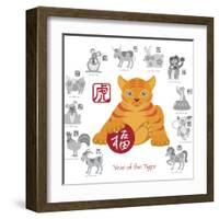 Chinese New Year Tiger Color with Twelve Zodiacs Illustration-jpldesigns-Framed Art Print