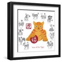 Chinese New Year Tiger Color with Twelve Zodiacs Illustration-jpldesigns-Framed Art Print