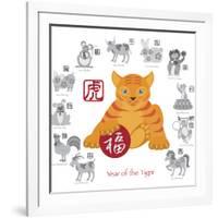 Chinese New Year Tiger Color with Twelve Zodiacs Illustration-jpldesigns-Framed Art Print