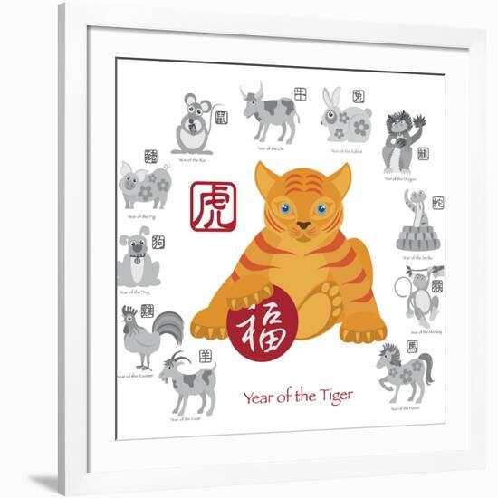 Chinese New Year Tiger Color with Twelve Zodiacs Illustration-jpldesigns-Framed Art Print