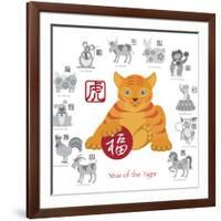 Chinese New Year Tiger Color with Twelve Zodiacs Illustration-jpldesigns-Framed Art Print