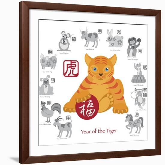 Chinese New Year Tiger Color with Twelve Zodiacs Illustration-jpldesigns-Framed Art Print