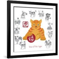 Chinese New Year Tiger Color with Twelve Zodiacs Illustration-jpldesigns-Framed Art Print