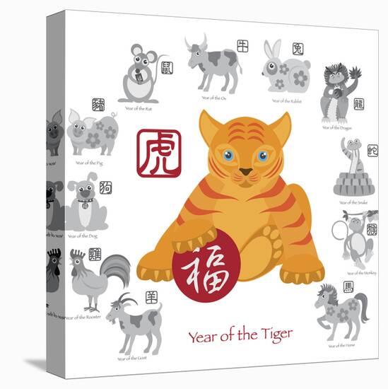 Chinese New Year Tiger Color with Twelve Zodiacs Illustration-jpldesigns-Stretched Canvas