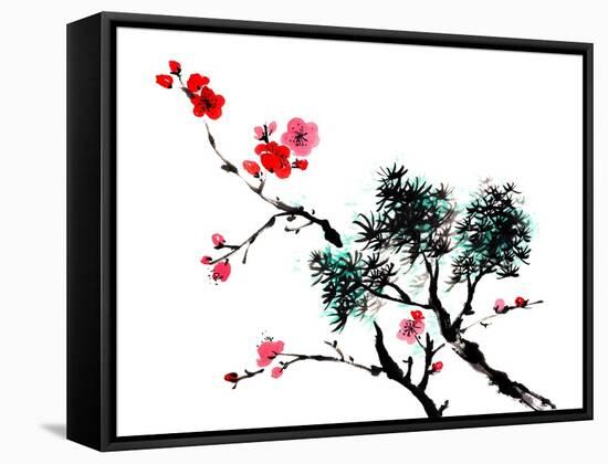 Chinese Painting Of Flowers, Plum Blossom, On White Background-elwynn-Framed Stretched Canvas