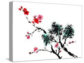 Chinese Painting Of Flowers, Plum Blossom, On White Background-elwynn-Stretched Canvas