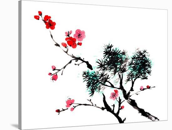 Chinese Painting Of Flowers, Plum Blossom, On White Background-elwynn-Stretched Canvas