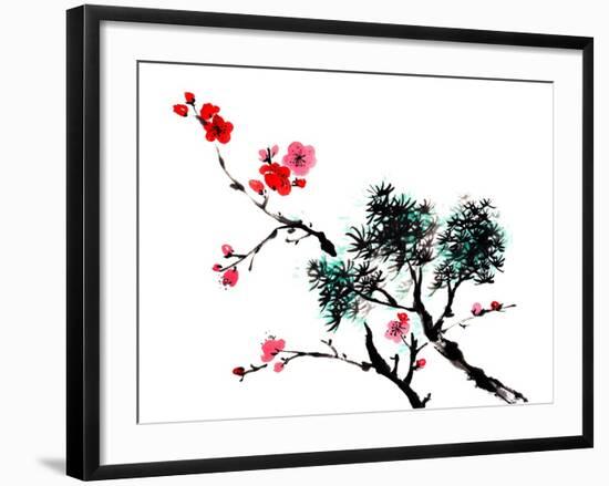 Chinese Painting Of Flowers, Plum Blossom, On White Background-elwynn-Framed Art Print