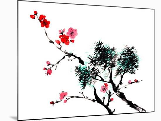 Chinese Painting Of Flowers, Plum Blossom, On White Background-elwynn-Mounted Art Print