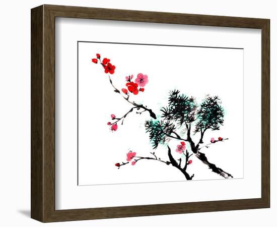 Chinese Painting Of Flowers, Plum Blossom, On White Background-elwynn-Framed Art Print