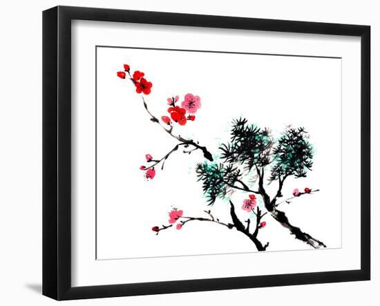 Chinese Painting Of Flowers, Plum Blossom, On White Background-elwynn-Framed Art Print