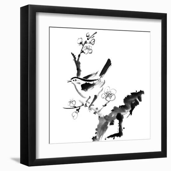 Chinese Painting , Plum Blossom And Bird, On White Background-elwynn-Framed Art Print