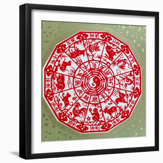 Chinese Papercut Depicting the Twelve Signs of the Zodiac, C.1980-null-Framed Giclee Print