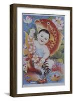 Chinese Poster with Baby, Koi and Rooster-null-Framed Giclee Print