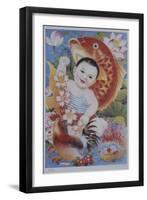 Chinese Poster with Baby, Koi and Rooster-null-Framed Giclee Print