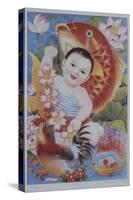 Chinese Poster with Baby, Koi and Rooster-null-Stretched Canvas