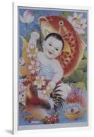 Chinese Poster with Baby, Koi and Rooster-null-Framed Giclee Print