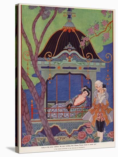 Chinese Princess Reclining in a Pavilion (Colour Litho)-Georges Barbier-Stretched Canvas