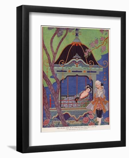 Chinese Princess Reclining in a Pavilion (Colour Litho)-Georges Barbier-Framed Giclee Print