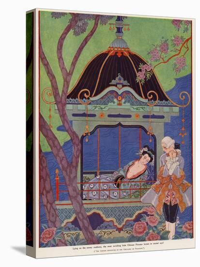 Chinese Princess Reclining in a Pavilion (Colour Litho)-Georges Barbier-Stretched Canvas