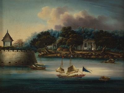 A River Scene with a Folly Fort; and Junks Moored around an Island Temple