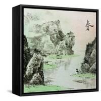 Chinese Traditional Ink Painting, Landscape of Season, Spring.-elwynn-Framed Stretched Canvas