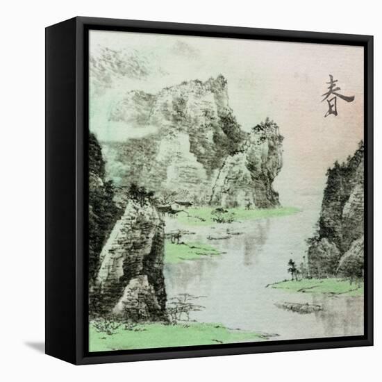 Chinese Traditional Ink Painting, Landscape of Season, Spring.-elwynn-Framed Stretched Canvas