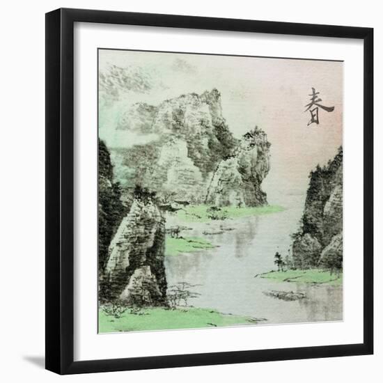 Chinese Traditional Ink Painting, Landscape of Season, Spring.-elwynn-Framed Art Print