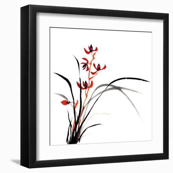 Chinese Traditional Ink Painting Of Orchid On White Background-elwynn-Framed Art Print