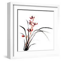 Chinese Traditional Ink Painting Of Orchid On White Background-elwynn-Framed Art Print