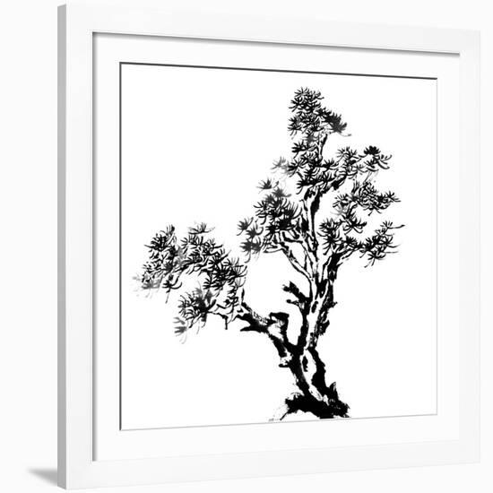 Chinese Traditional Ink Painting, Pine Tree On White Background-elwynn-Framed Art Print