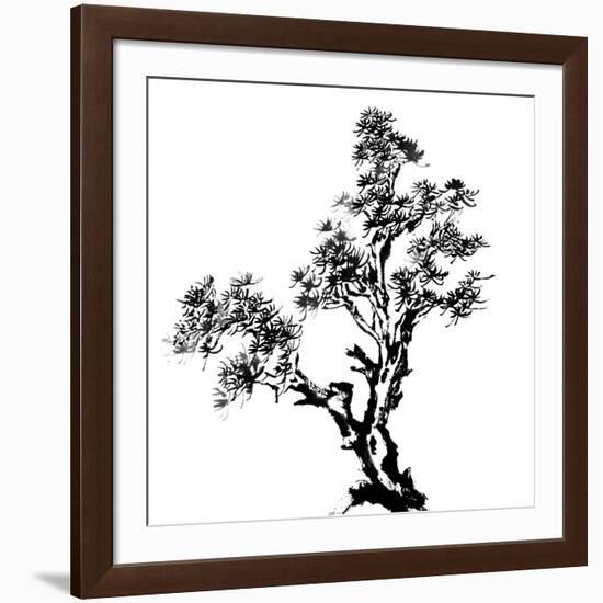 Chinese Traditional Ink Painting, Pine Tree On White Background-elwynn-Framed Art Print